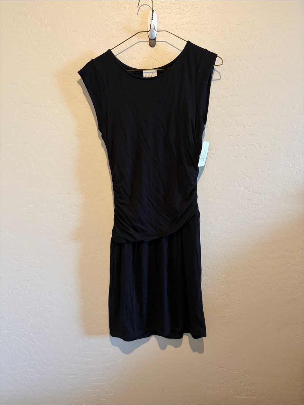 Black Cap-Sleeve Draped Waist Mini Dress